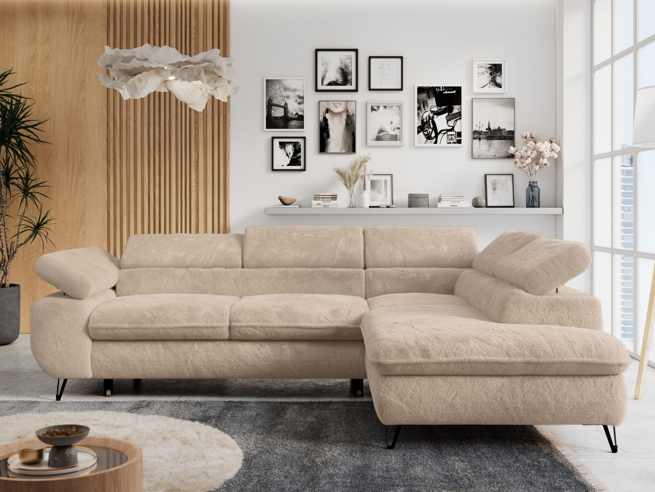Ecksofa mit Bettfunktion, Modern Sofa, L-form, Einstellbare Kopfstützen, Bettkasten - PETER - Beige Plüsch - Topper T25 - rechts Bild 1
