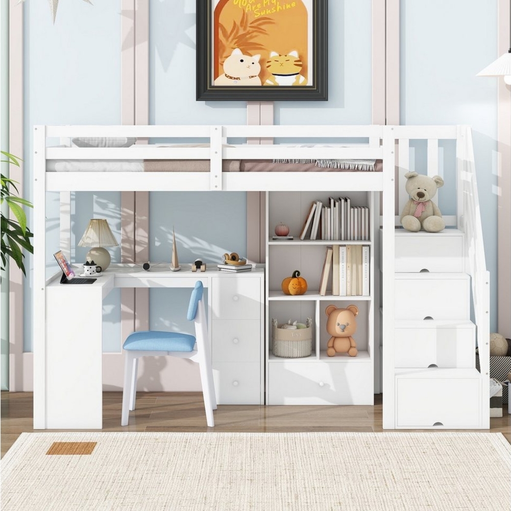 Flieks Hochbett Kinderbett 90x200cm mit Schreibtisch Schubladen Schrank Stauraumtreppe Bild 1