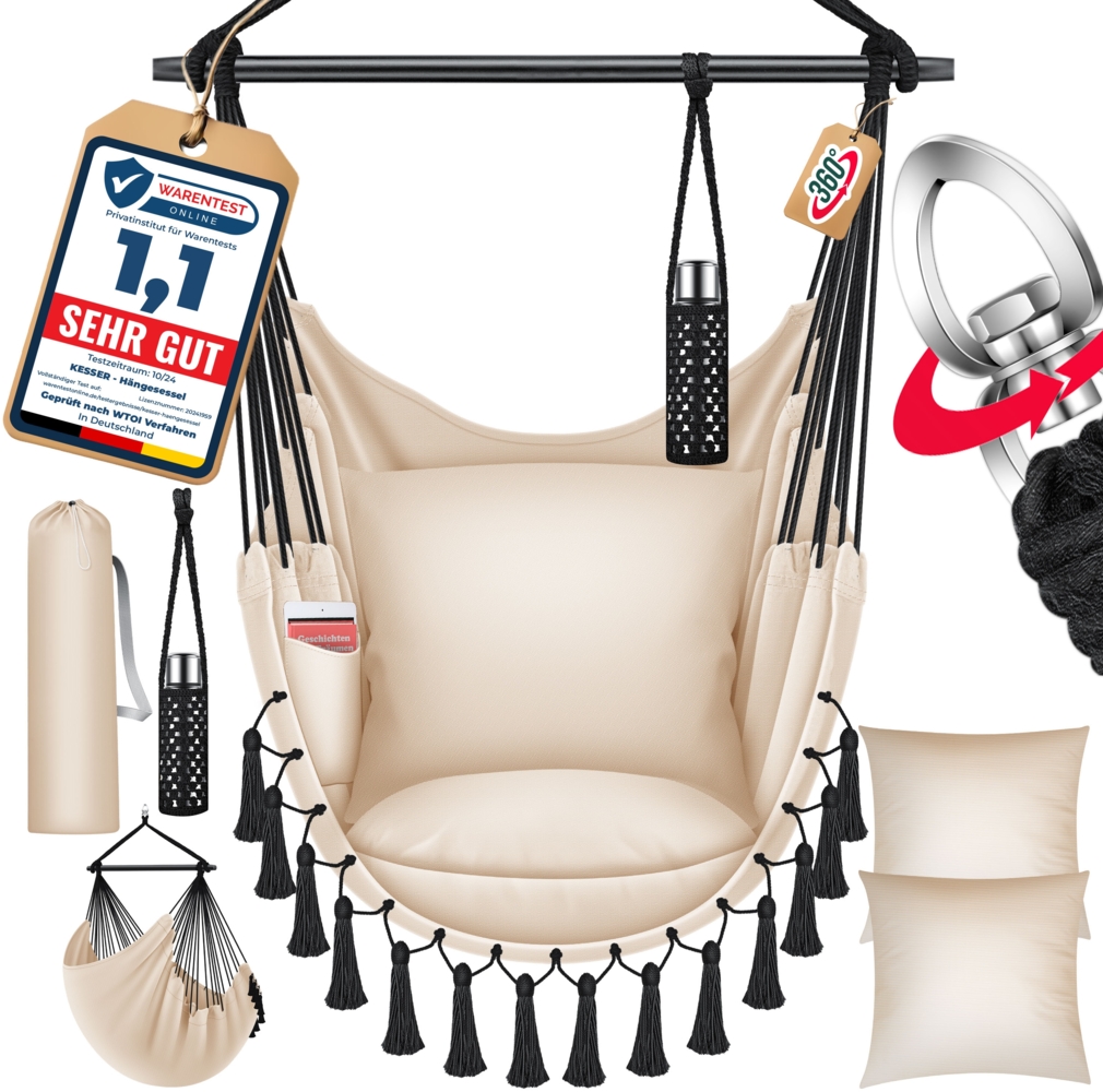 KESSER® Hängesessel mit 2 Kissen, mit Getränkehalter & Bücherfach, bis 150 kg, Beige Bild 1