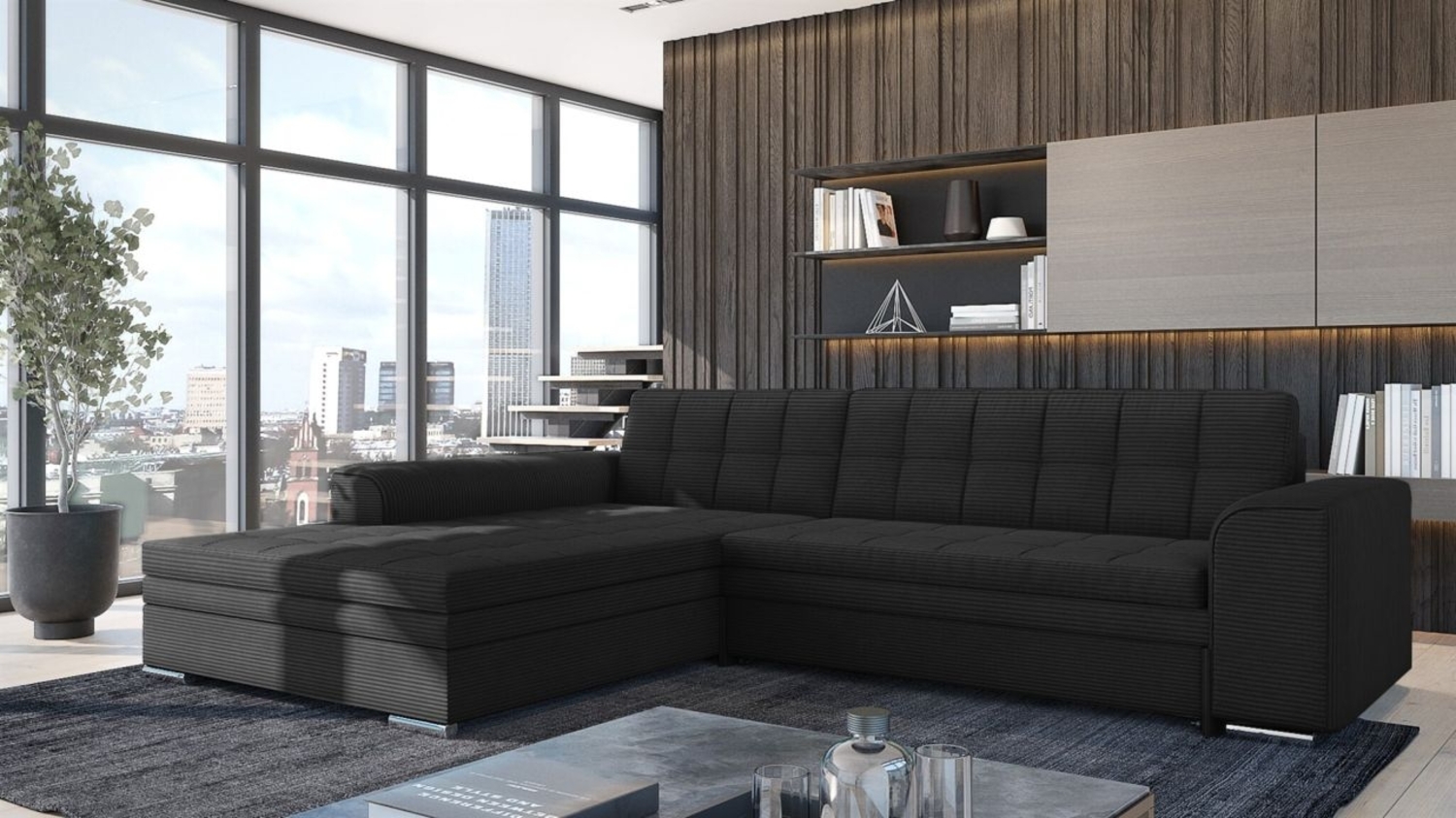 Ecksofa Schlafsofa Sofa LUSAKA in Stoff Lincoln Schwarz Ottomane Links Bild 1