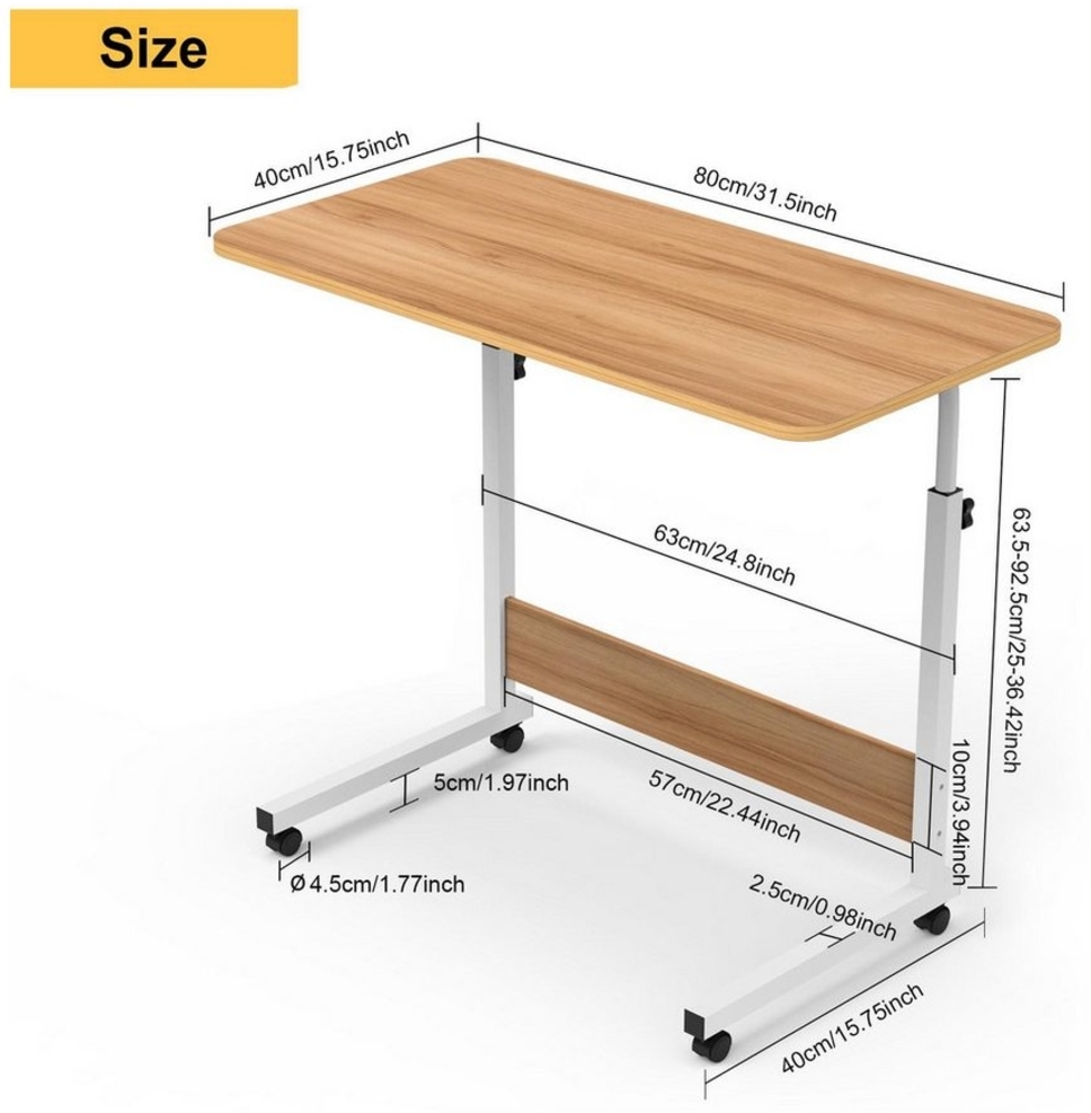 JEOBEST Computertisch Beistelltisch Höhenverstellbar 80x40x(69-89)cm Laptoptisch auf Rollen, Mobiler Beistelltisch Pflegetisch für Bett und Sofa Bild 1