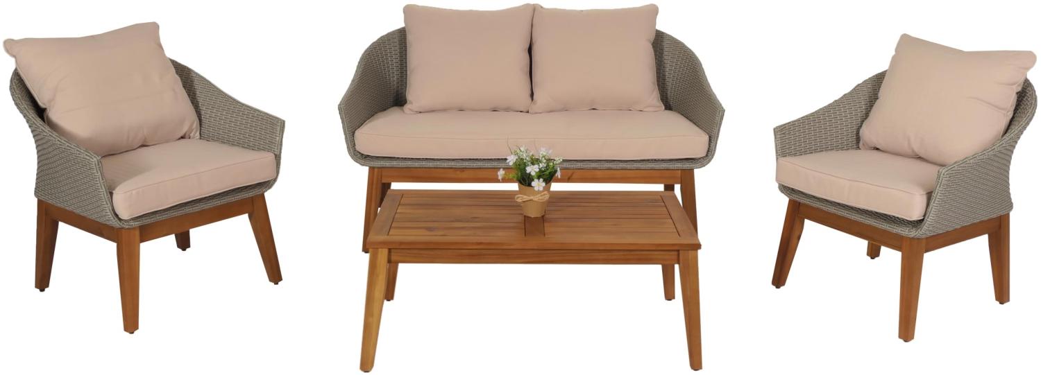 Gartengarnitur HWC-N37, Garten-/Lounge-Set Sofa Sitzgruppe, Poly-Rattan Holz Akazie ~ grau, Kissen beige Bild 1