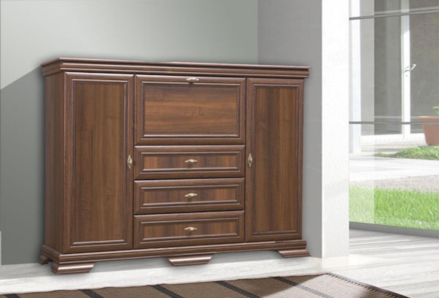 Highboard "Kora" Vitrinenschrank 158cm 3-türig mit 3 Schubladen samoa King rustikal Bild 1