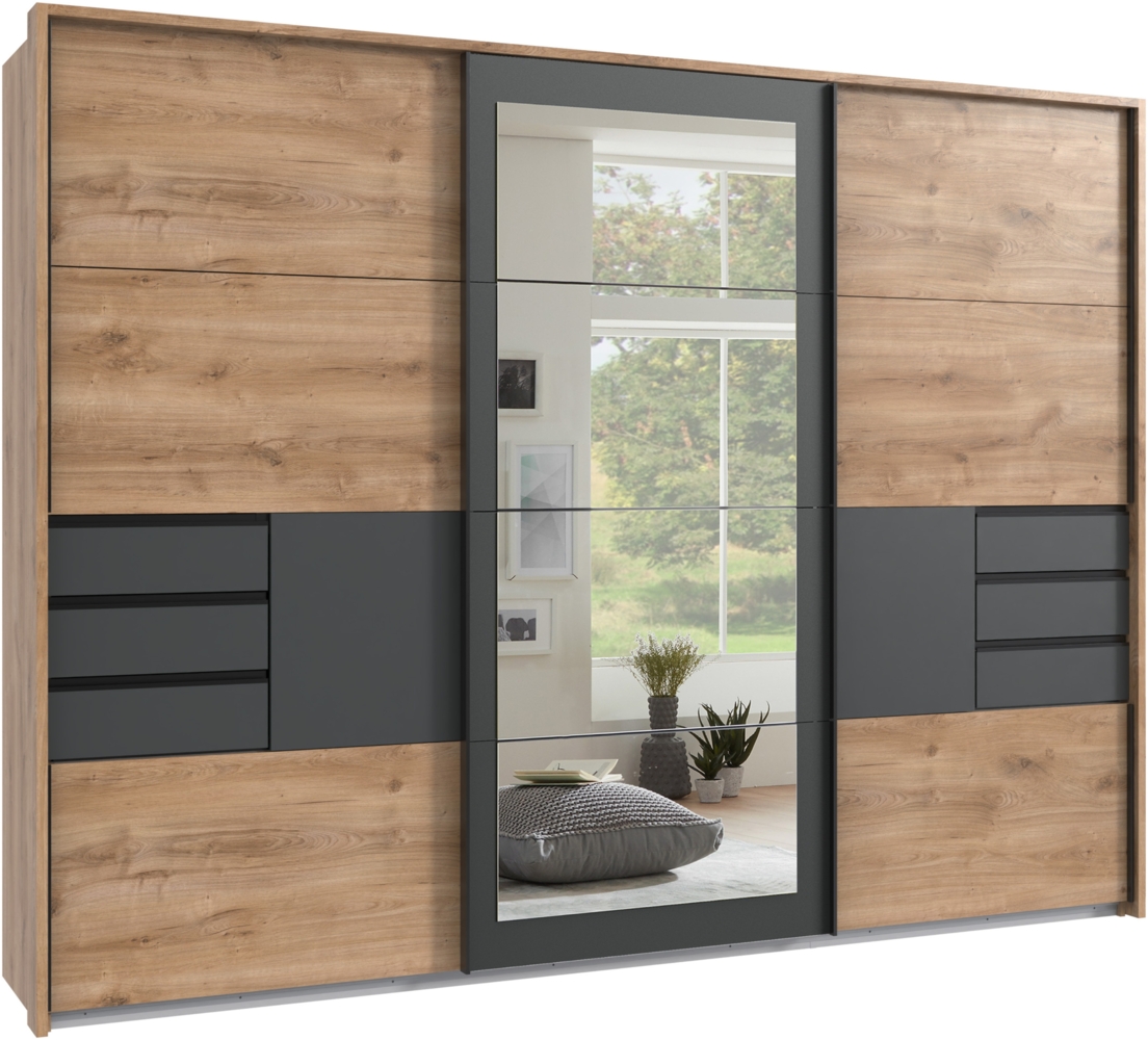 Schwebetürenschrank Kleiderschrank 273 cm Passepartout Schubladen Spiegel Eichendekor Grafit Bild 1
