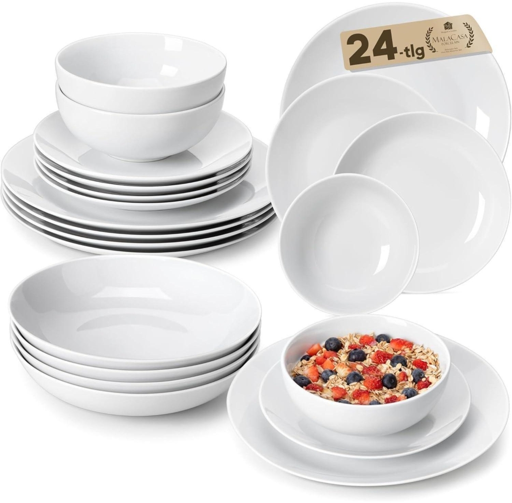 24-teiliges MALACASA Porzellan Geschirrset 6 Personen Weißes Tafelservice Bild 1