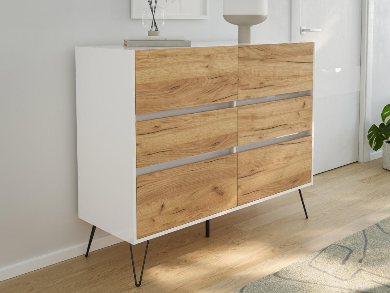 Sideboard Kommode Volo 120cm Greifraum 6 SoftClose Schubladen Weiß/Eiche Front : Oak Gold / Weiss hochglanz Bild 1