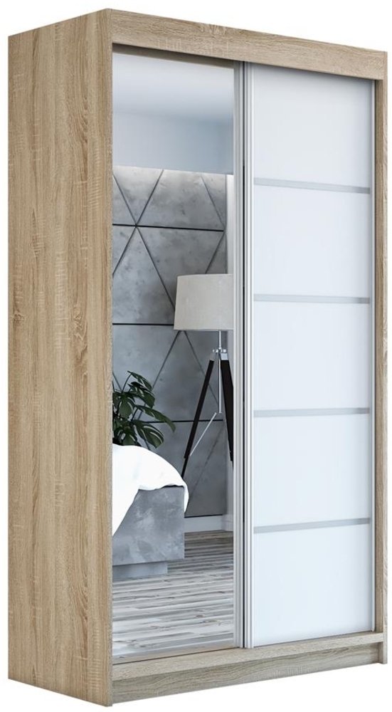 Schwebetürenschrank GAP 2-türig Schrank 120 cm (mit Spiegel) Farbe: Sonoma, weiß Bild 1