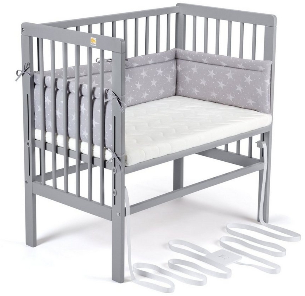 FabiMax 4855 'BOXSPRING' Beistellbett grau, inkl. Matratze 'AIR' und Nestchen 'Sterne' weiß auf grau Bild 1