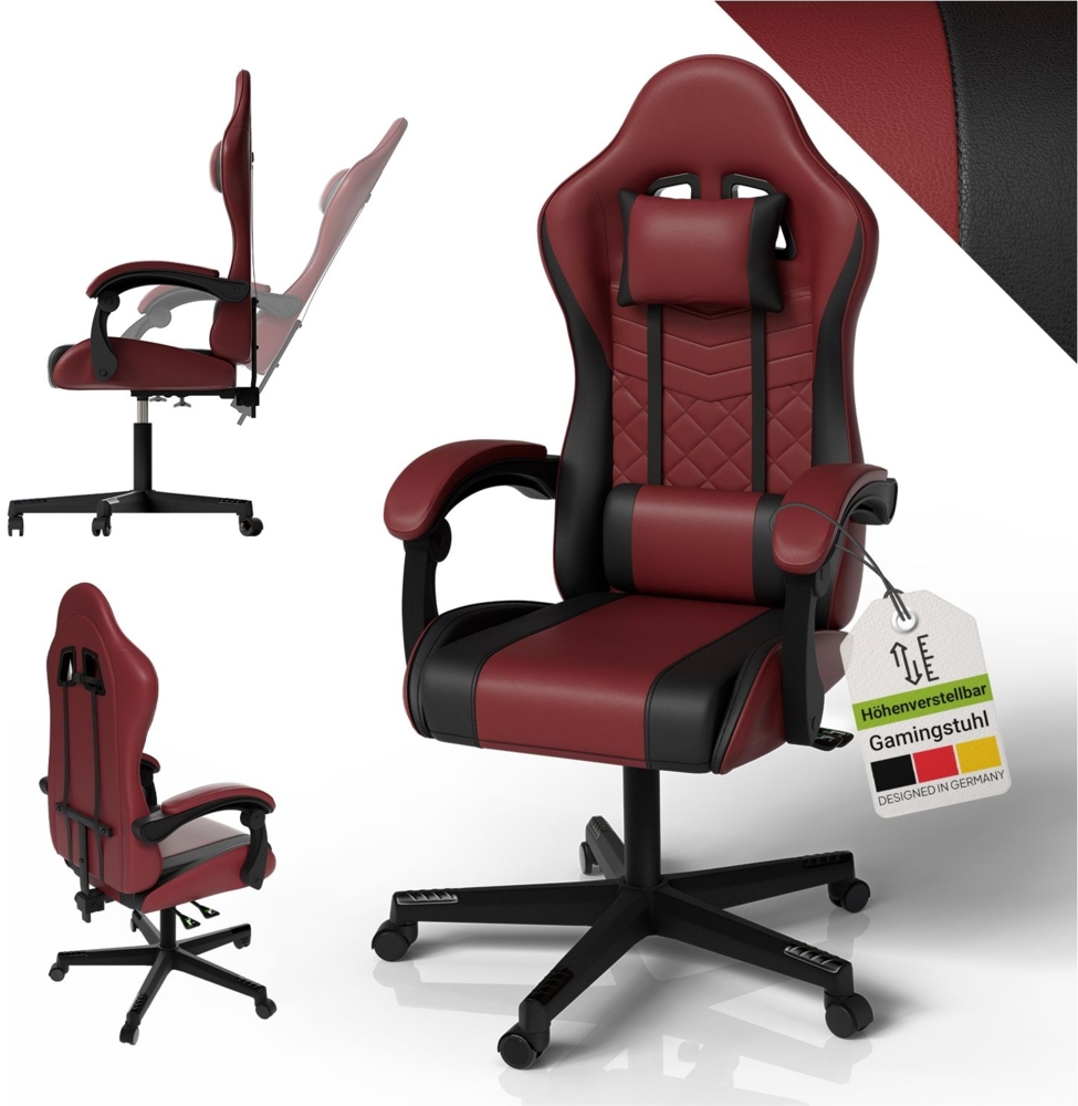 Juskys Gamingstuhl HyperSeat, verstellbare Rückenlehne, höhenverstellbarer Drehstuhl, Kunstleder, ergonomisch, für Büro & Gaming Setup – Bordeaux/schwarz Bild 1