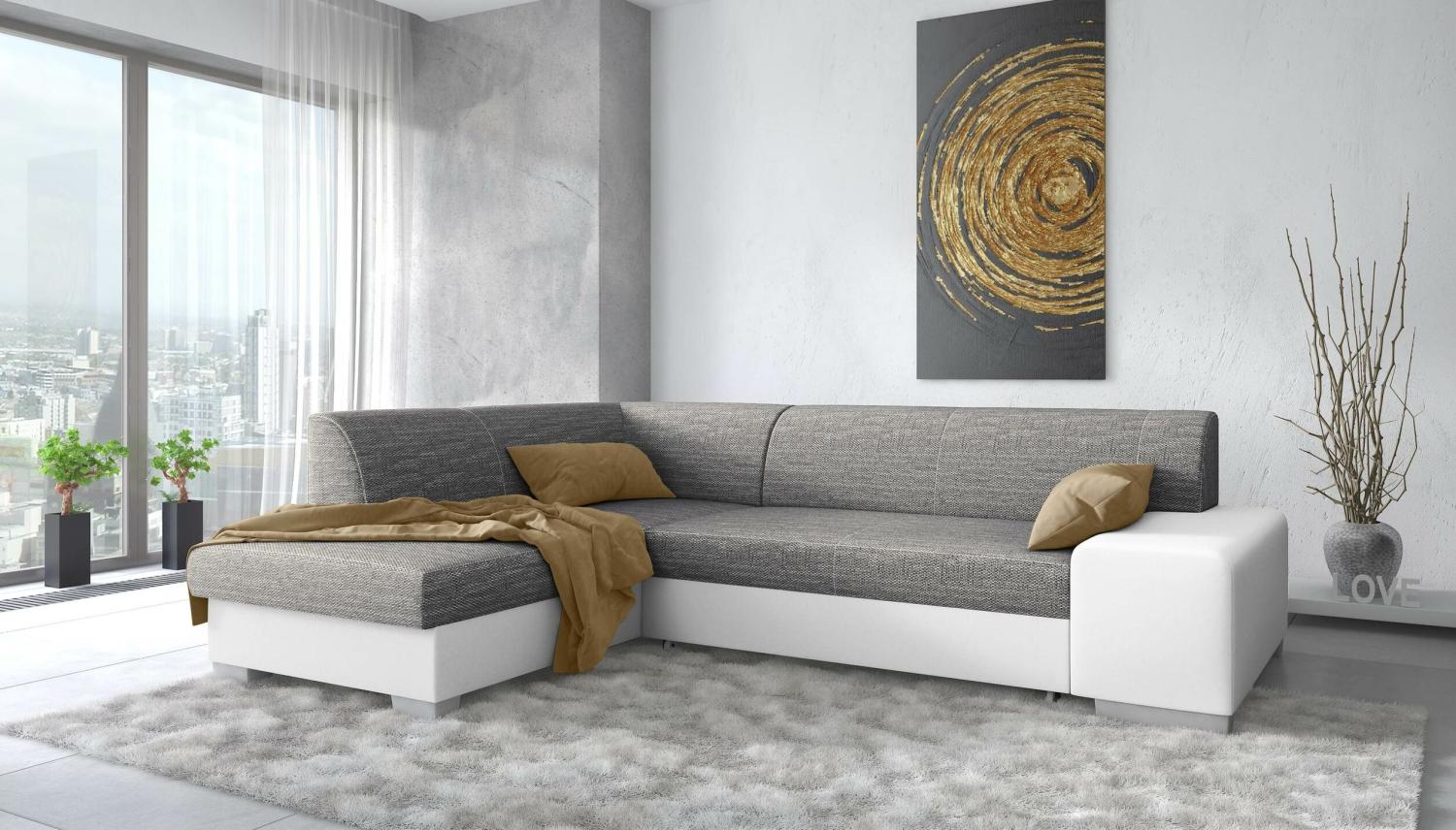 Stylefy Panaro Ecksofa Kunstleder MADRYT Strukturstoff BERLIN Weiß Dunkelgrau Links mit Bild 1