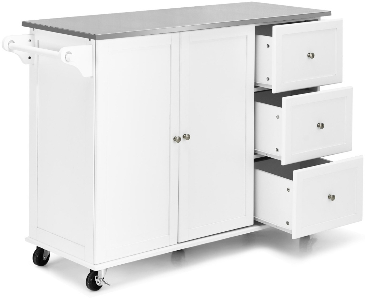 Mobiler Küchenwagen mit Edelstahl-Arbeitsplatte & 3 Schubladen & verstellbaren Regalen Weiß Bild 1
