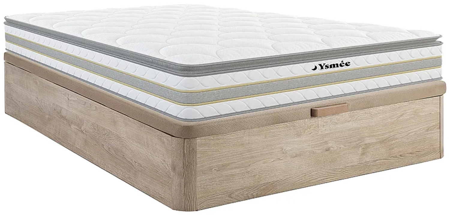 Vente-unique - Set aus Bettgestell mit Bettkasten + Taschenfederkernmatratze & Topper - 140 x 190 cm - Stärke 29 cm - Holzfarben hell - CANTERBURY von YSMÉE Bild 1
