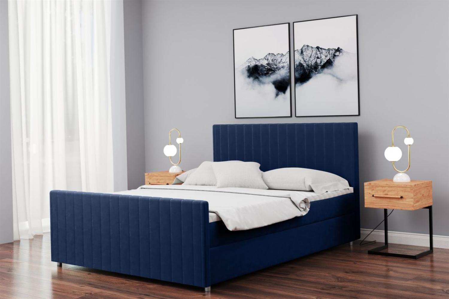 Boxspringbett Schlafzimmerbett ROSALIE 140x200cm in Stoff Matt Velvet Dunkelblau Bild 1