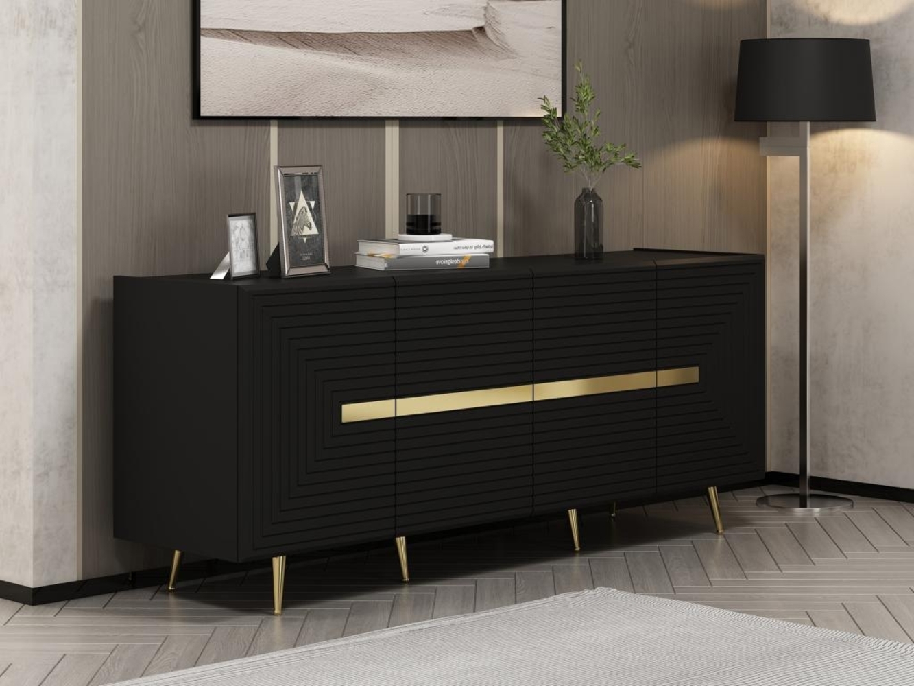 Vente-unique - Sideboard mit 4 Türen - MDF - Schwarz & Goldfarben - MOLYA von Pascal MORABITO Bild 1