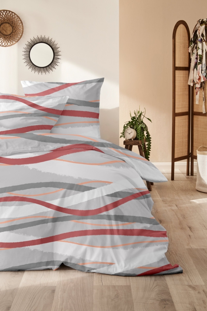 Westminster Feinbiber Bettwäsche 135x200 Wellen Streifen grau beere 172170-82 Bild 1