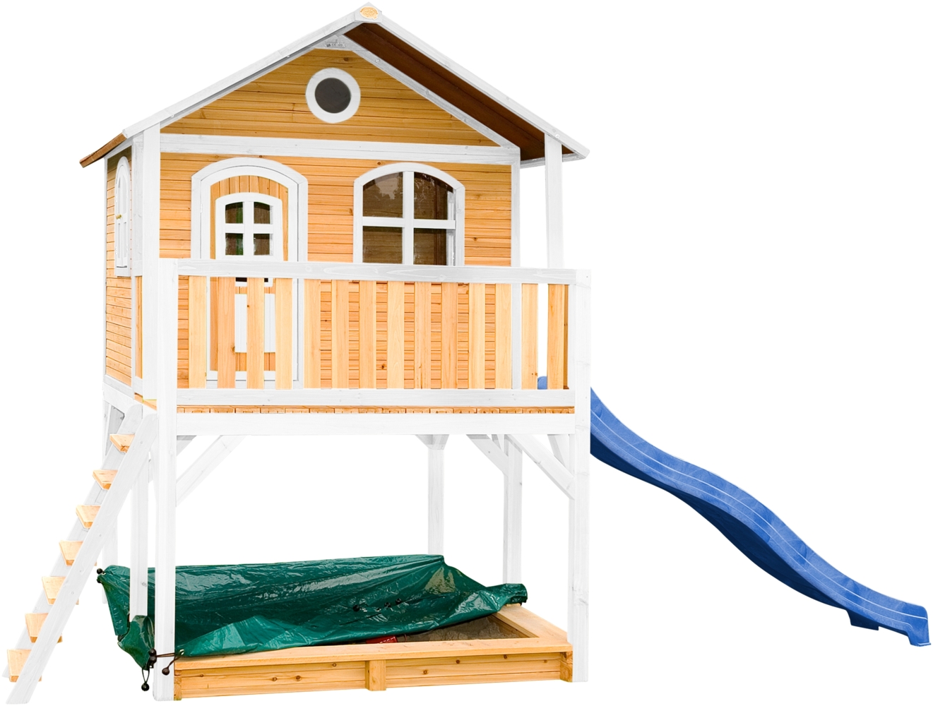 AXI Spielhaus Marc mit Sandkasten & blauer Rutsche Stelzenhaus in Braun & Weiß aus FSC Holz für Kinder | Braun, weiß, blau | Holz | 212 cm Bild 1