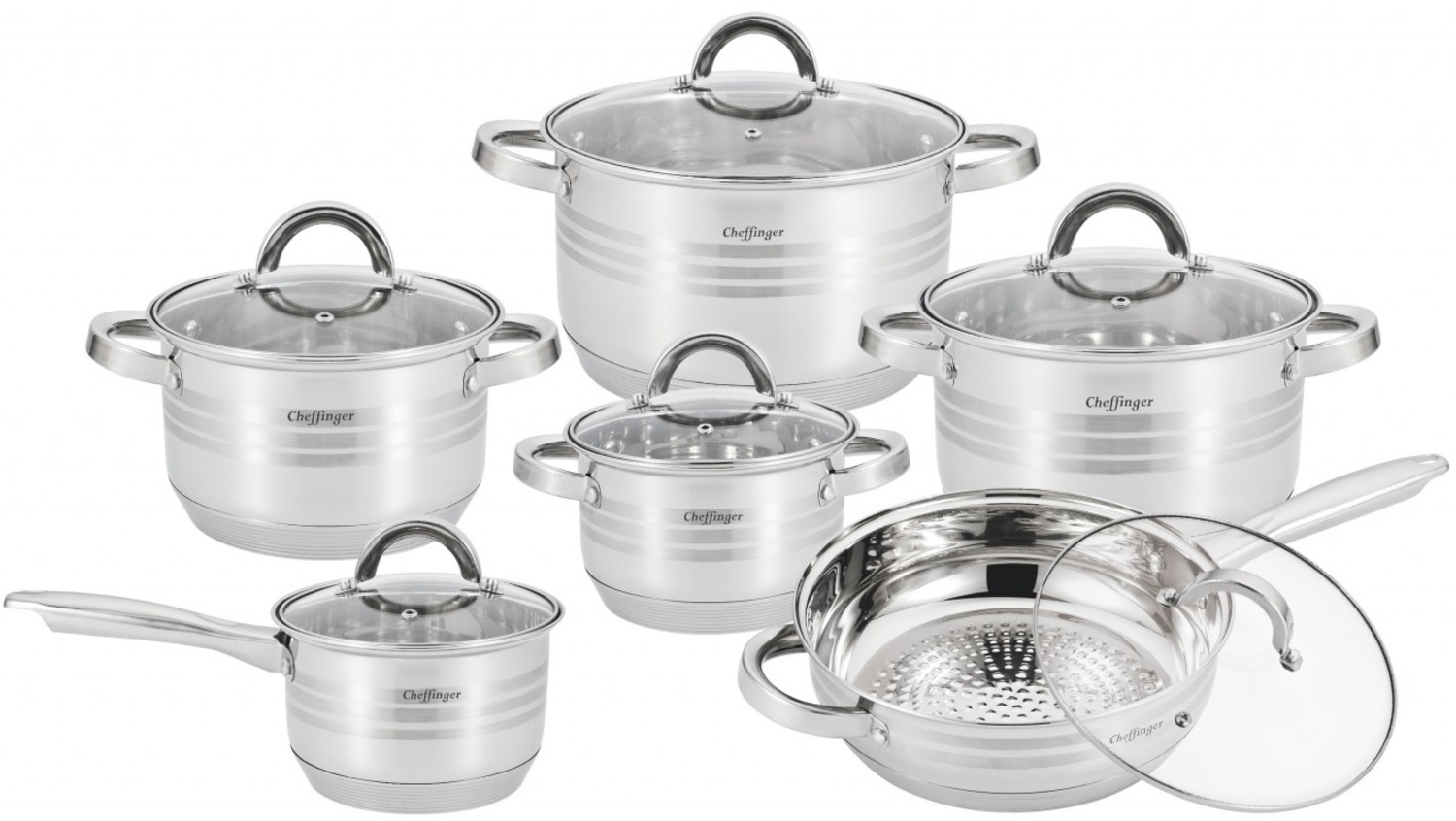 Kochtopf Kasserolle Bratpfannen Set 12-tlg Edelstahl Cheffinger SS1230 Bild 1