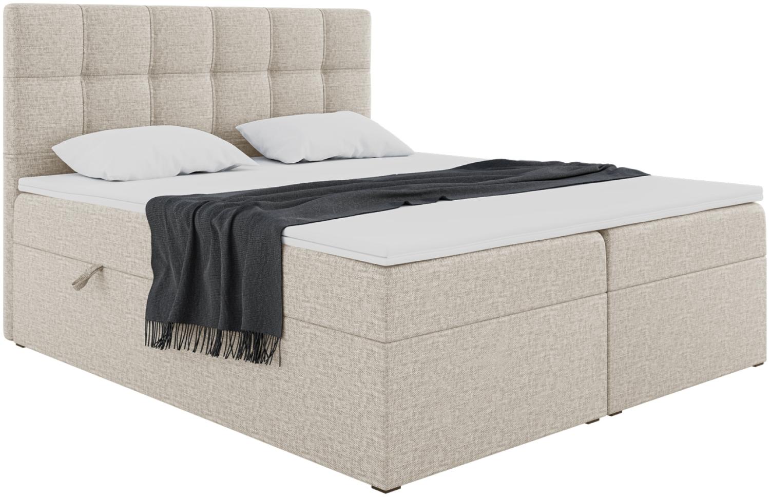 MEBLINI Boxspringbett NILS 160x200 cm mit Bettkasten - H4/Beige Webstoff Polsterbett - Doppelbett mit Topper & Taschenfederkern-Matratze Bild 1