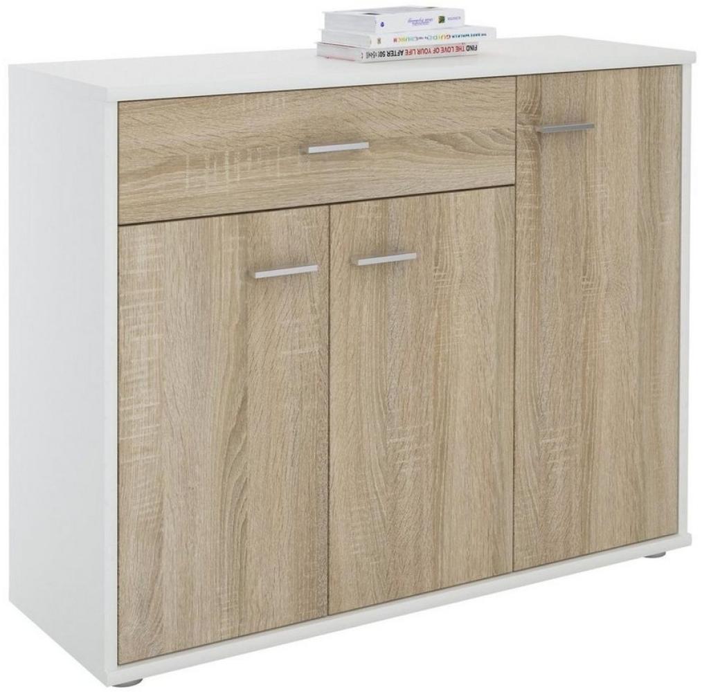 CARO-Möbel Kommode Estelle Sideboard Mehrzweckschrank,weiß/Sonoma Eiche mit 3 Türen und 1 Schublade, 88 cm breit Bild 1