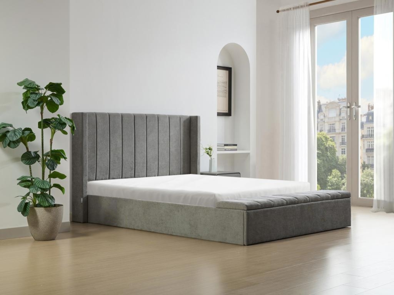 Vente-unique - Bett mit Bettkasten & Bank - 160 x 200 cm - Stoff - Grau - DOUINO Bild 1