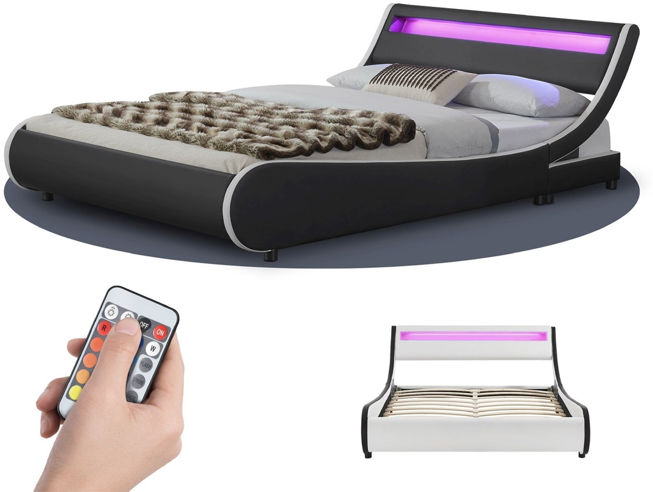 Juskys 'Valencia' Polsterbett mit LED-Beleuchtung, Kunstleder, Schwarz, 180x200 cm, ohne Matratze Bild 1