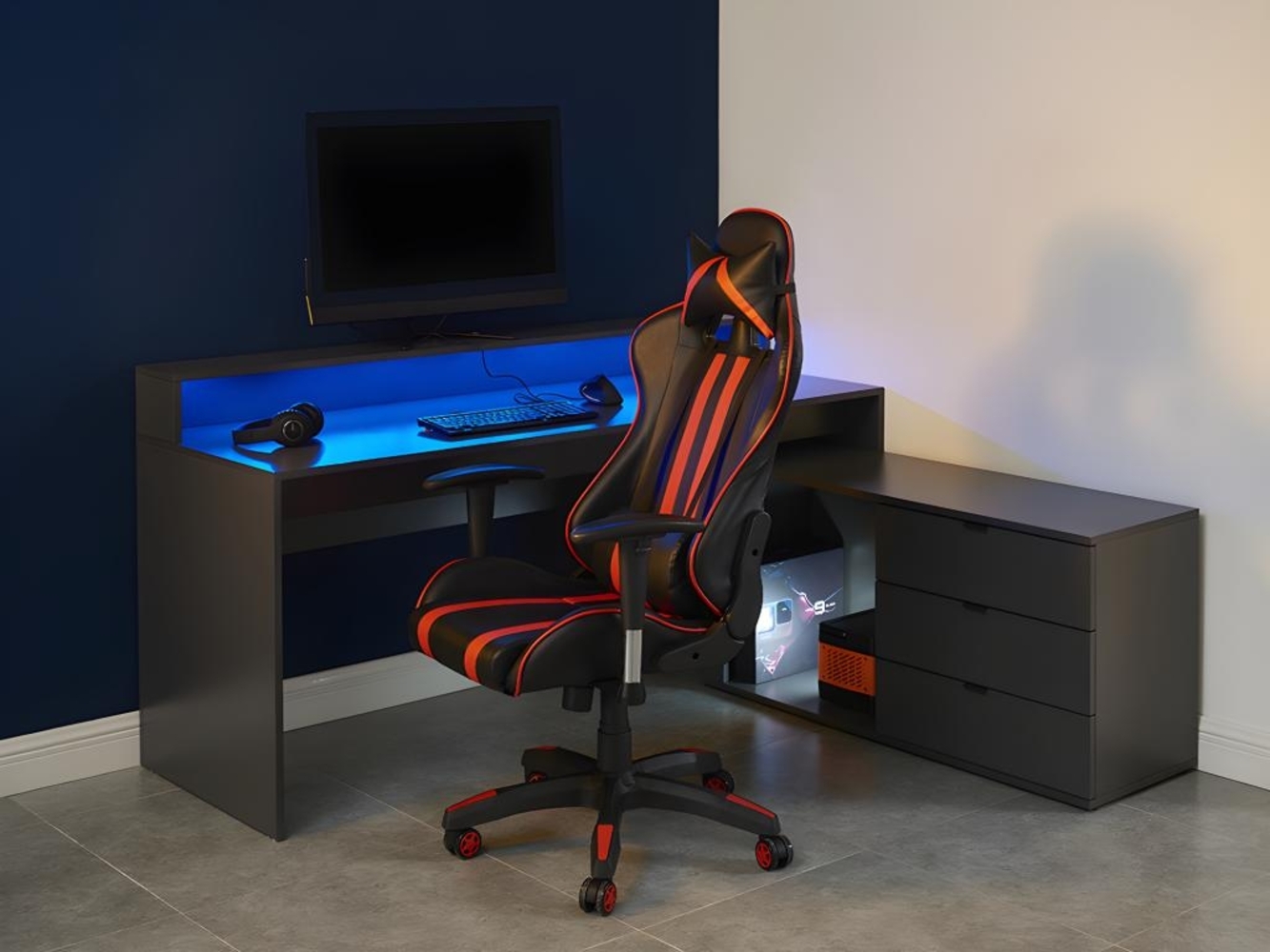 Vente-unique - Gaming-Eckschreibtisch mit Stauraum & LEDs - MDF - Grau - NEHA Bild 1