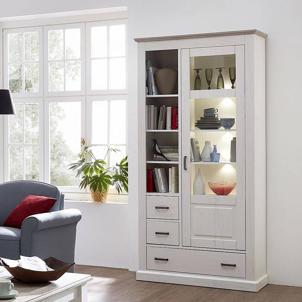 Landhaus Vitrine inkl. LED-Beleuchtung LEER-55 in Pinie weiß mit Abs. taupe Pinie hell mit taupe, , B/H/T ca. 99/204/42cm Bild 1