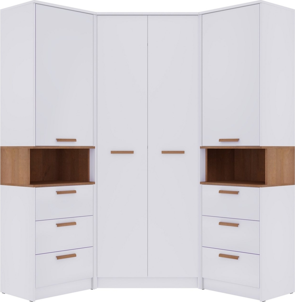 Marmex Möbel Grant 17N Ein Garderoben-Set, Mehrzweckschrank-Set ,Flur, Schlafzimmer, Eckschrank-Set, laminierte Spanplatte, weiß+riviera Eiche, 143x195x143 cm Bild 1