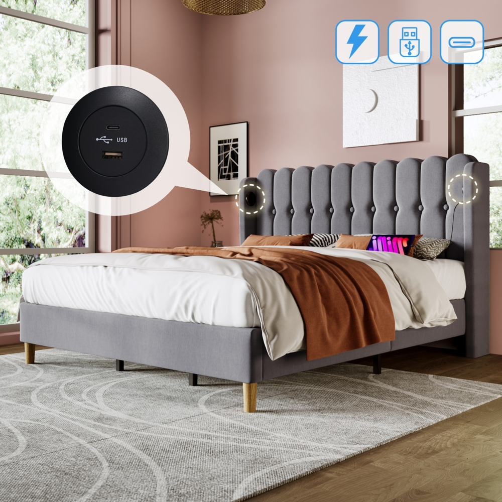 Polsterbett Doppelbett, mit USB Typ C Ladefunktion, Bettgestell mit Lattenrost, Gepolstertes Bett in Grau, Bettrahmen Jugendbett für Schlafzimmer Gästezimmer, Leinenmaterial, Grau, 180 x 200 cm Bild 1