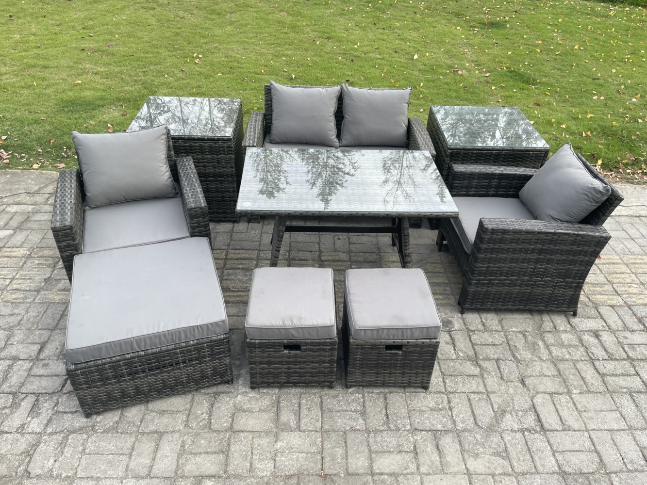 Fimous Hoher Rücken Rattan Gartenmöbel Sets mit Rechteckiger Esstisch Sessel 2-Sitzer Sofa 3 Hockern 2 Beistelltischen Bild 1