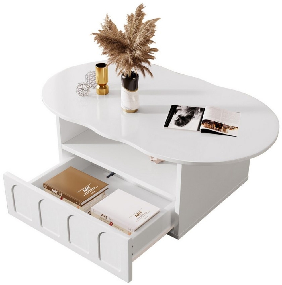 HAUSS SPOLE Couchtisch mit wolkenförmigem Couchtisch, Schubladen und Ablagefächern Weiß (Wohnzimmertisch, 1-St, Schubladen, Ablagefächern), mit großem Stauraum aus Spanplatte,100*39.2*60cm Bild 1