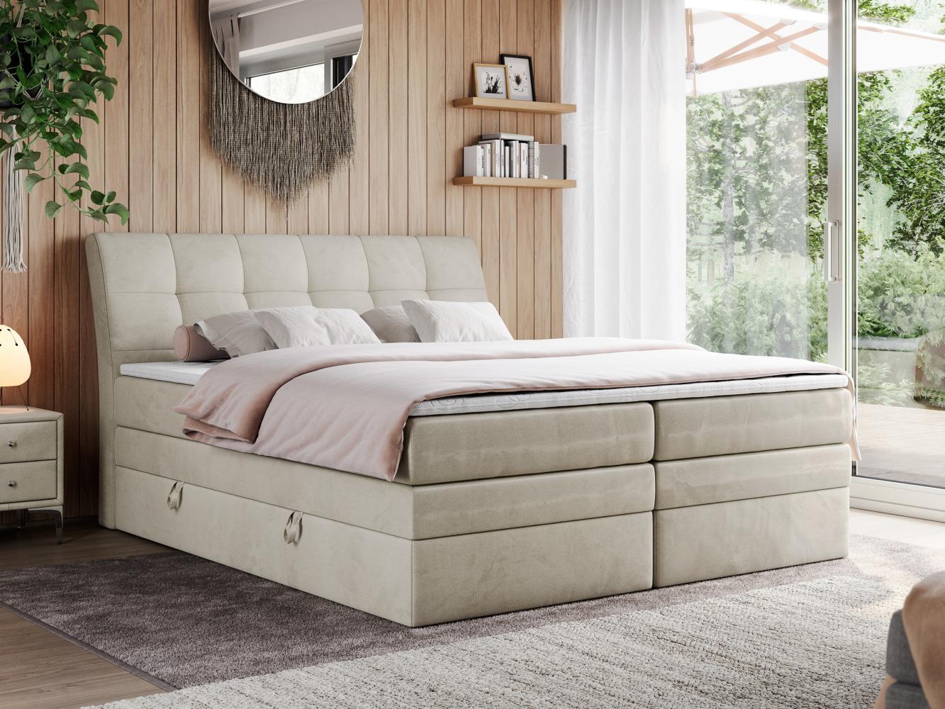 Boxspringbett, Stauraumbett, Bett mit Multipocket-Matratze und Topper - GOLD-10-KING - 140x200cm - Beige Velours - H4 Bild 1