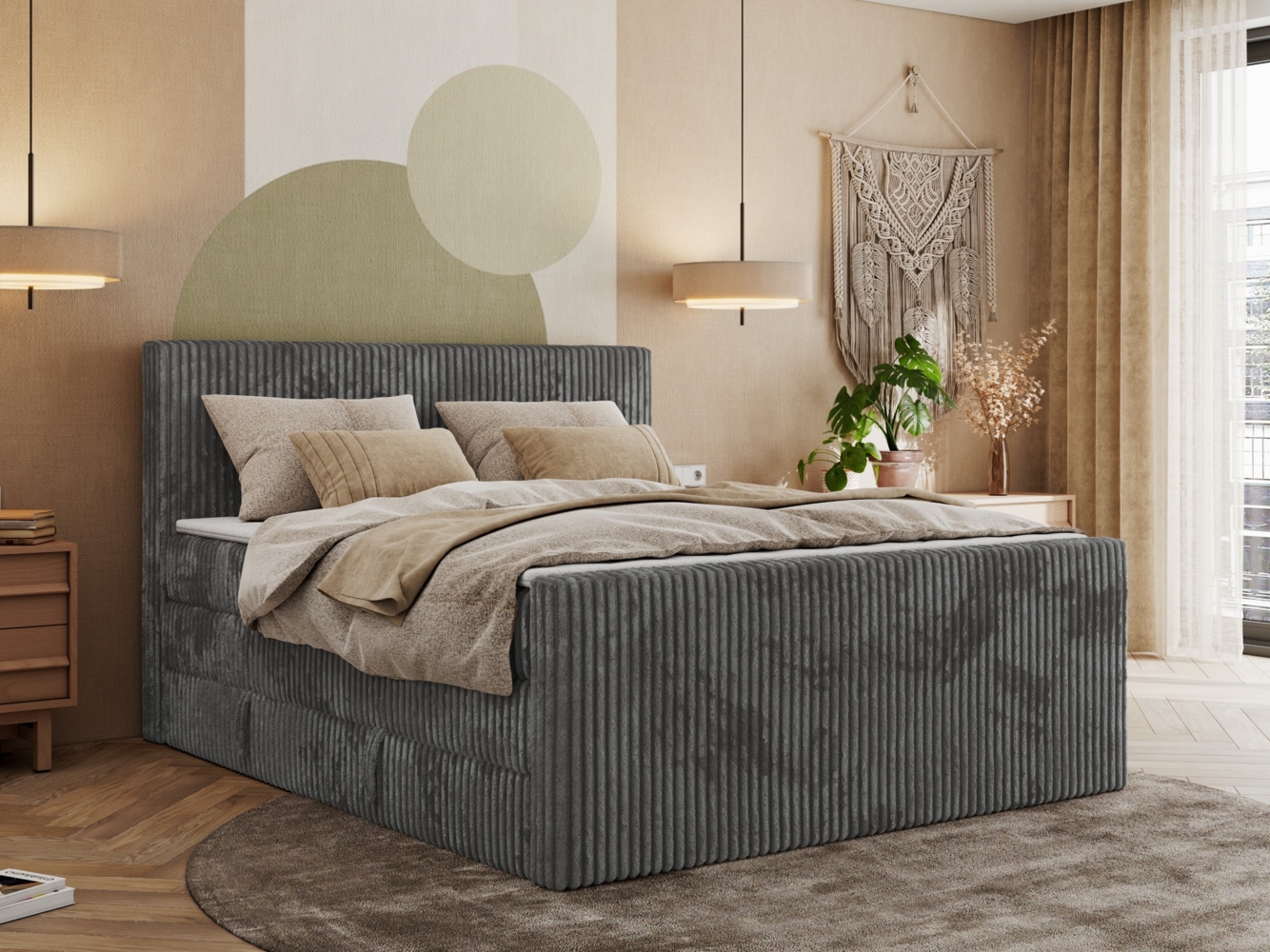 Boxspringbett mit zwei Multipocket-Matratzen und Topper, Doppelbett aus Cordstoff, zwei Bettkästen - TILIANO KING DUO - 160 x 200 cm - Grau Cord - H3 Bild 1