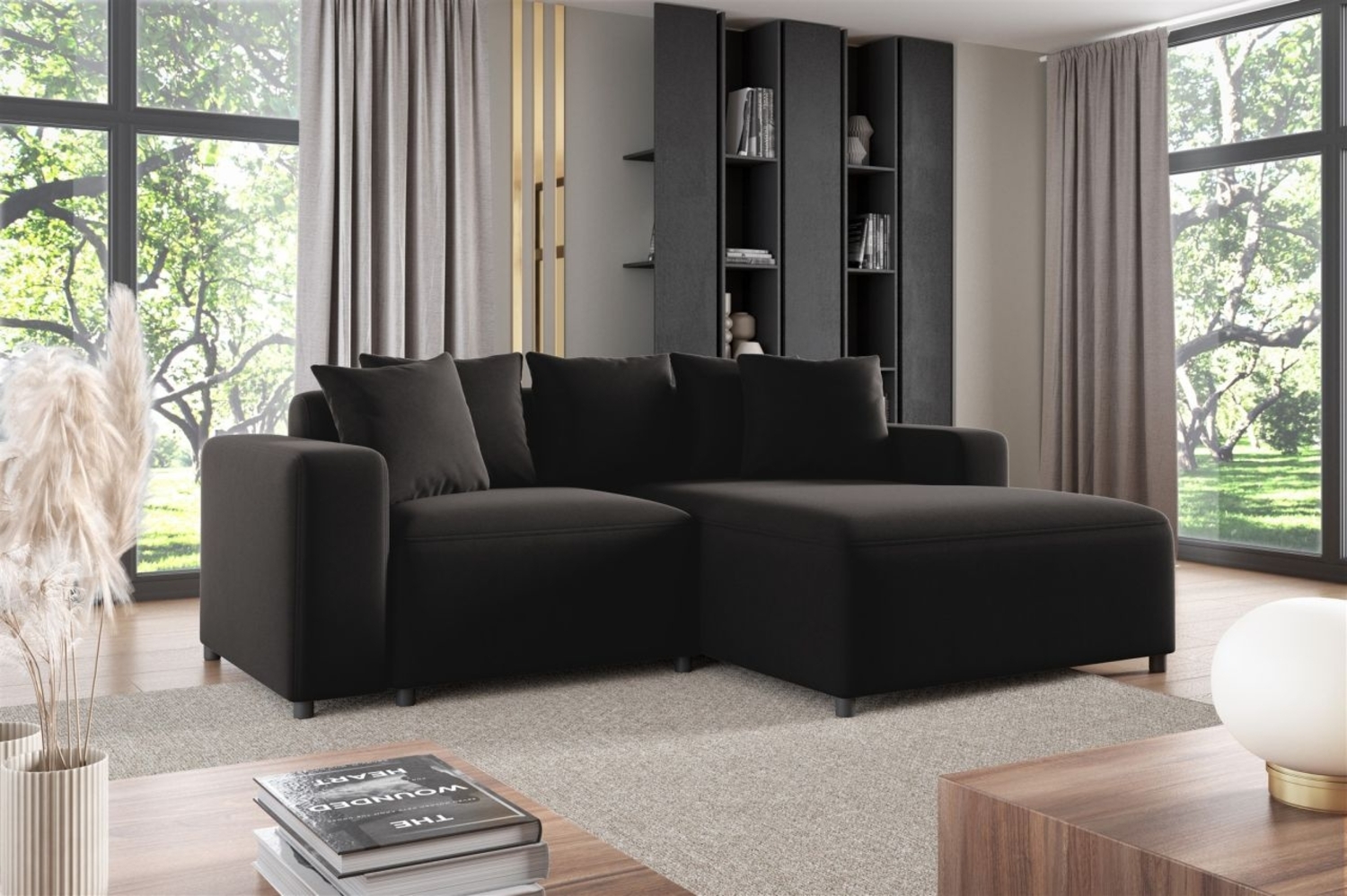 Ecksofa Designersofa Sofa MEGAN XS in Stoff Salvador Schwarz Ottomane Rechts Bild 1