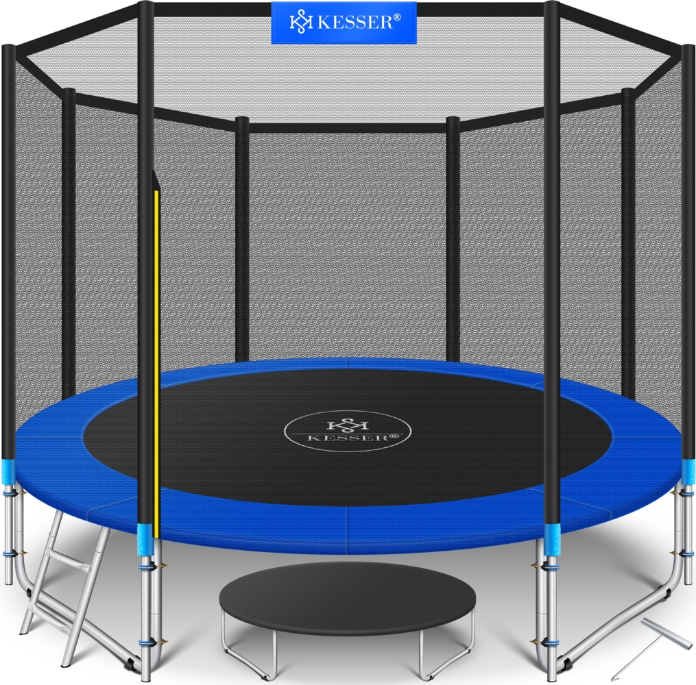 KESSER® - Trampolin | TÜV Rheinland GS Zertifiziert | Komplettset mit Sicherheitsnetz, Leiter, Randabdeckung & Zubehör | Kindertrampolin Gartentrampolin Belastbarkeit 150 kg Blau, 427 cm Bild 1