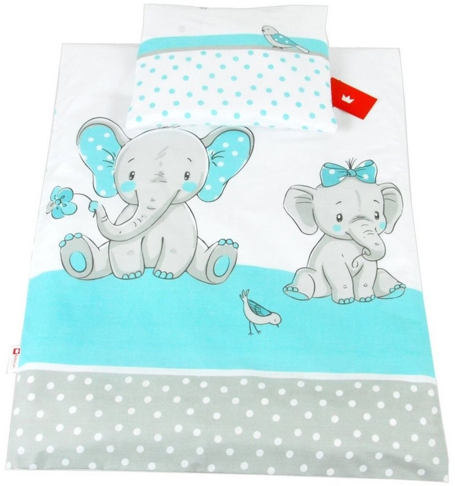 BABYLUX 2 tlg. Set Bezug für Kinderwagen Stubenwagen oder Wiege Garnitur Bettwäsche Kissen Decke 60 x 78 cm (111. Elephanten Turkis) Bild 1