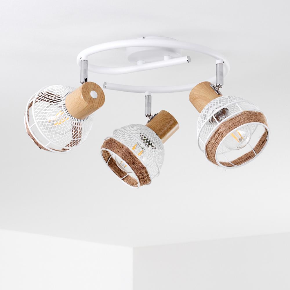 »Nalles« runde Deckenlampe aus Metall/Holz/Hanfseil in Weiß/chrom/Natur, 3-flammig, Lampenschirme dreh- u. schwenkbar, 3 x E27-Fassung, max. 60 Watt, Gitter-Optik, LED geeignet Bild 1