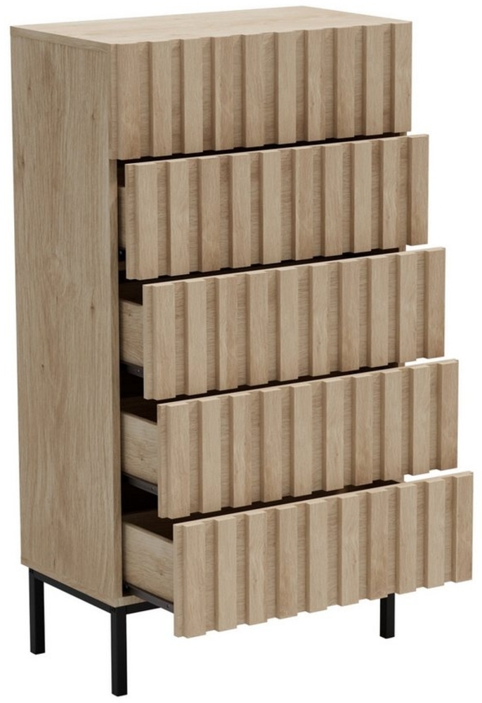 UEV Hochkommode mit 5 Schubladen, Sideboard mit Lamellen (Küchenschrank Buffet TV Board Schrank mit Füße Aufbewahrungsschrank, Anrichte Schrank mit Metallfüßen, Highboard, Sideboard, Schmal kommode), 60 x 34 x 110cm für Wohnzimmer Schlafzimmer Flur Bild 1
