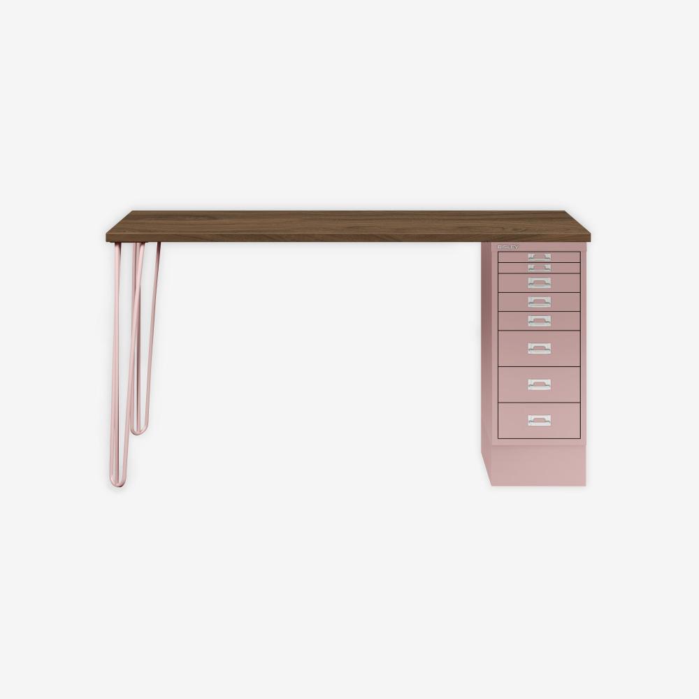 MultiDesk, 2 Stahlfüße, 1 MultiDrawer mit 8 Schüben, Dekor Nussbaum, Farbe Pastellpink, Maße: H 740 x B 1400 x T 600 mm Bild 1