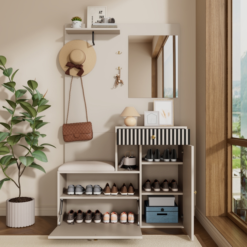 Flurschrank 110x37x185.5cm mit Sitzfläche,Soft-Close,verstellbaren Regalen,Spiegel,Haken,Schubladen,Stauraum,Beige & Creme Bild 1