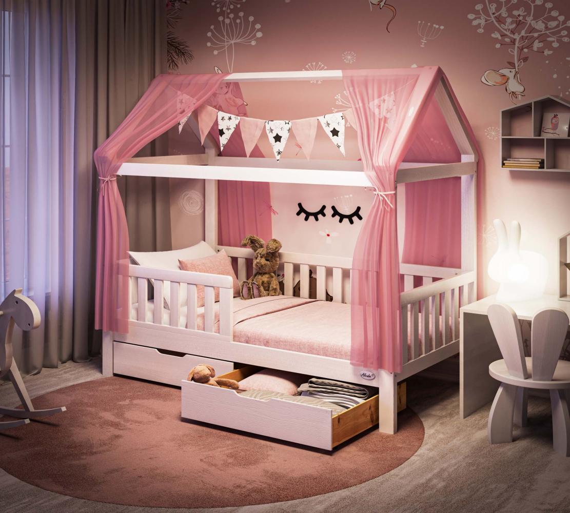 Alcube Hausbett HEIM 90x200 cm, weiß mit Schubladen, inkl. Lattenrost + Matratze + Deko-Set in Rosa, max. Belastbarkeit 100kg Bild 1