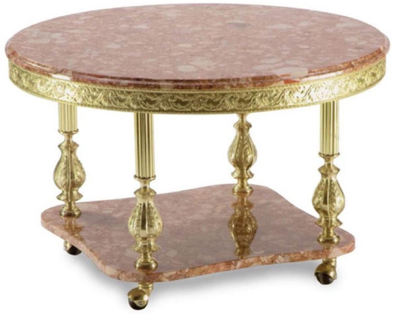 Casa Padrino Luxus Barock Couchtisch Pink / Gold Ø 80 x H. 43 cm - Runder Messing Wohnzimmertisch mit Marmorplatte und Rollen - Barock Wohnzimmer Möbel Bild 1