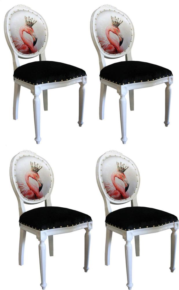 Casa Padrino Luxus Barock Esszimmer Set Flamingo mit Krone Weiß / Schwarz / Mehrfarbig 48 x 50 x H. 98 cm - 4 handgefertigte Esszimmerstühle mit Bling Bling Glitzersteinen - Barock Esszimmermöbel Bild 1