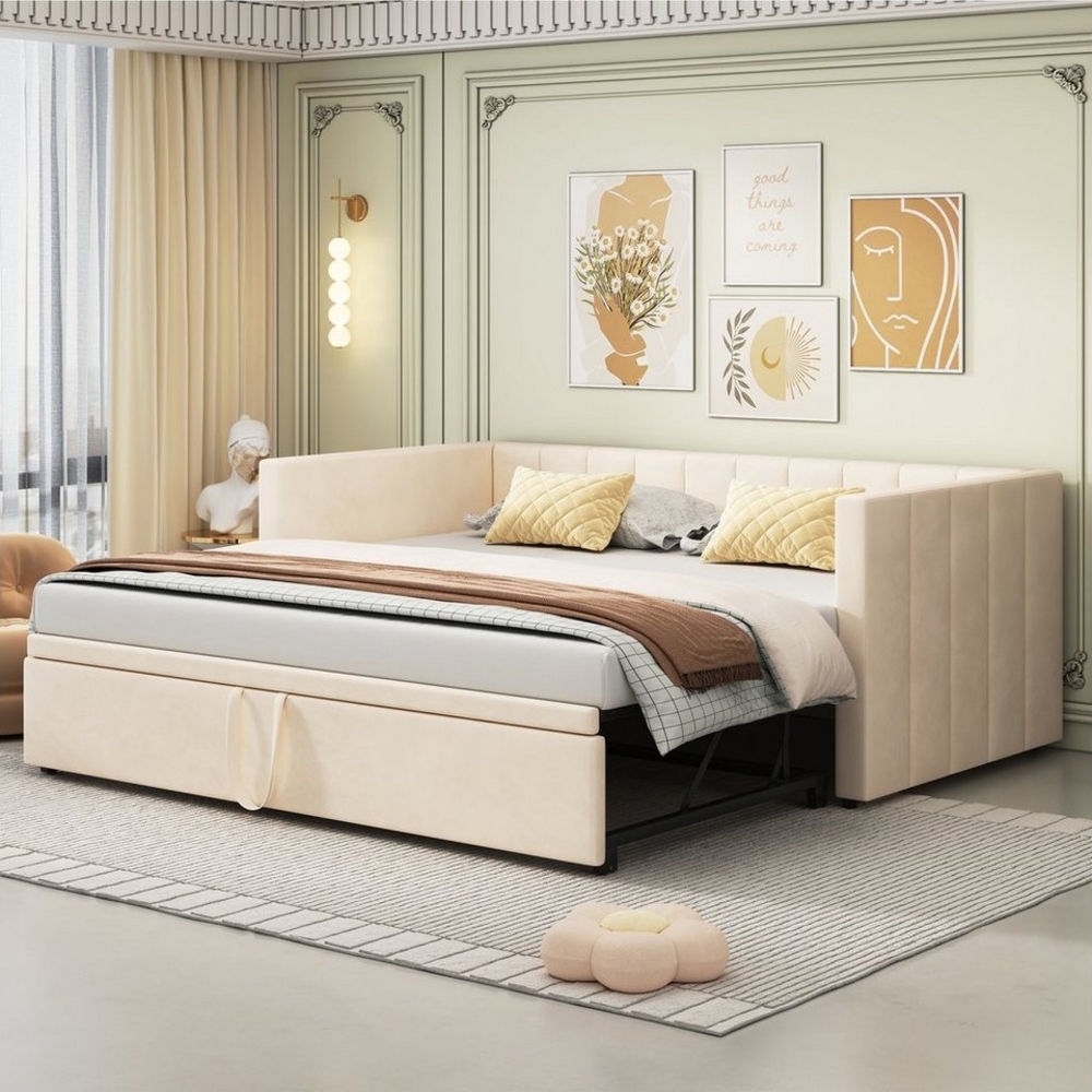 HAUSS SPOLE Schlafsofa 90/180x200 cm Ausziehbares Polsterbett mit Lattenrosten, Samt Beige Bild 1