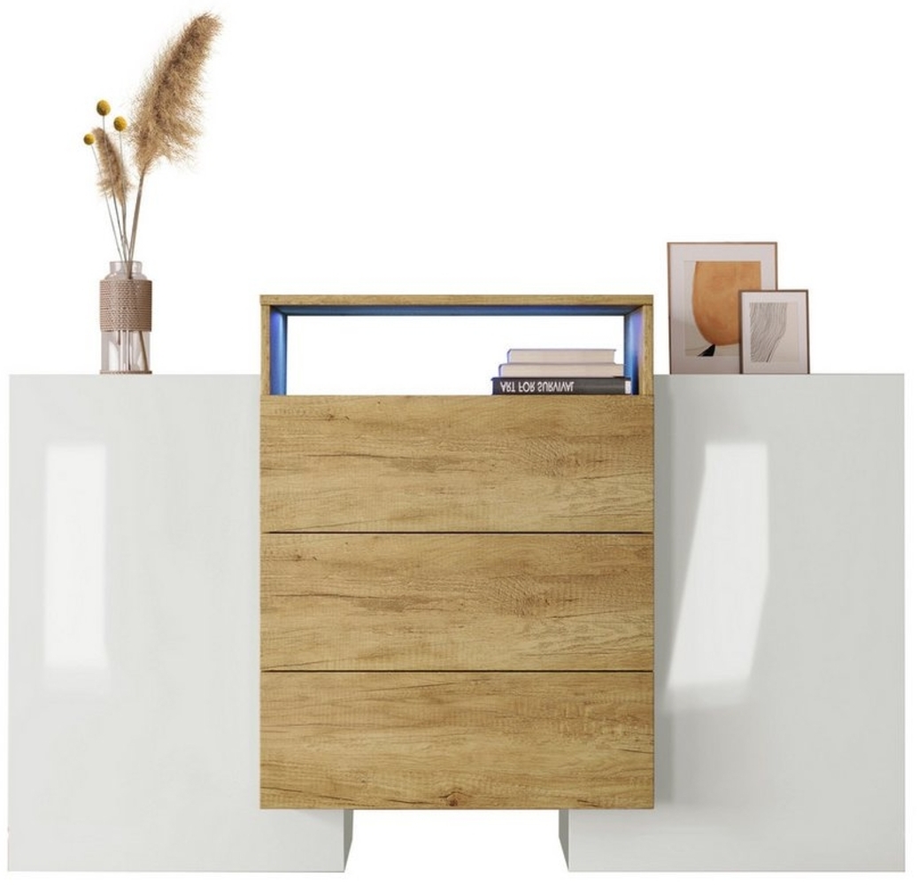 OKWISH Sideboard Moderner Kommode (Hochglanz-Weiß und Holzfarbe, Mehrfarbige LED-Lichteffekte, 1 St, Moderner Kommode, Schrank 140cm), Stilvolle Aufbewahrungslösung Bild 1