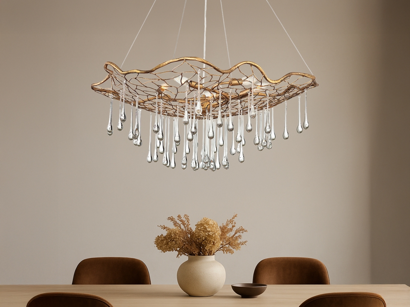 Ausgefallene LED Pendelleuchte Gold matt mit Glas Behang Ø 91cm Bild 1