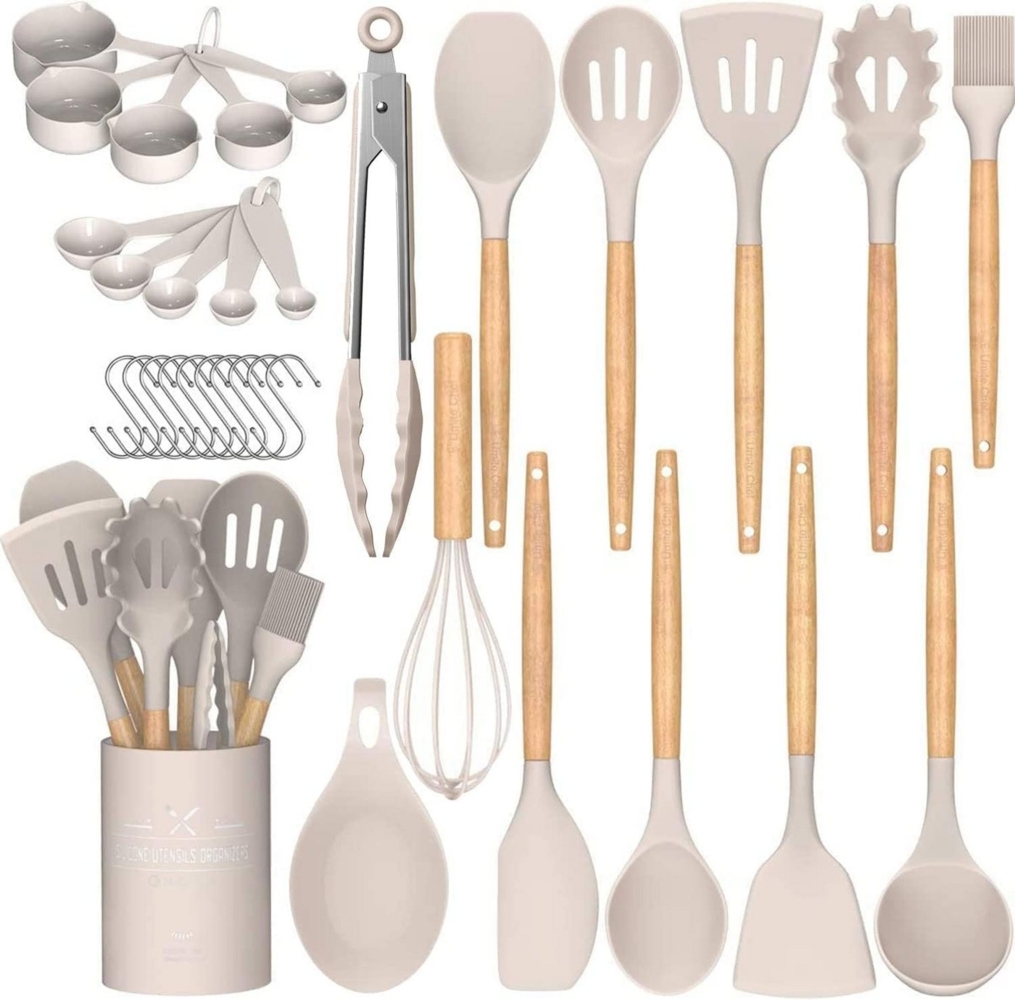 ZREE Kochbesteck-Set Chef Küchenutensilien-Set antihaftbeschichtet Silikon Küchenutensilien (Spachtel-Set mit Halter, Holzgriff, hitzebeständiges Silikon, 24-teilig, Kochbesteck-Set Kochbesteck-Set Silikon Küchenhelfer), Küchenzubehör Set Küchenutensilien Bild 1