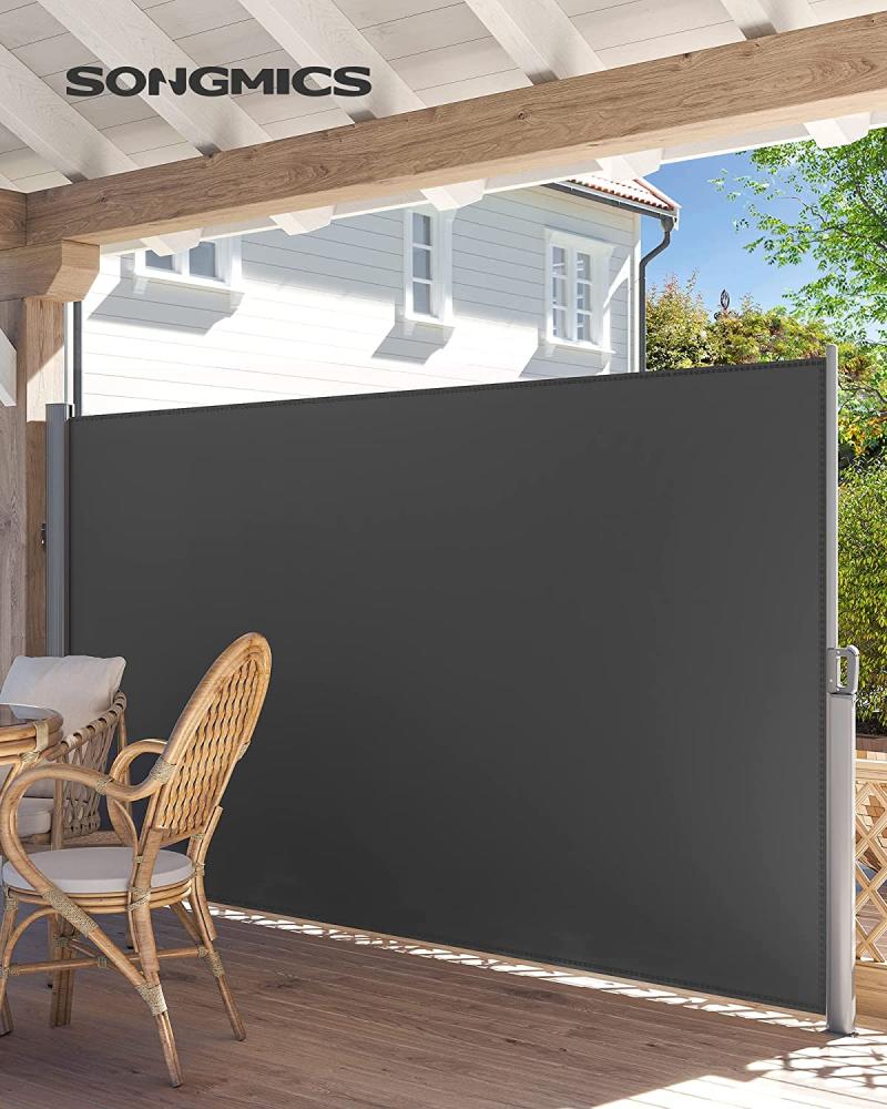 Songmics Seitenmarkise, 160 x 400 cm (H x L), Sichtschutz, Sonnenschutz, Seitenrollo, für Balkon, Terrasse, Garten, Grau Bild 1