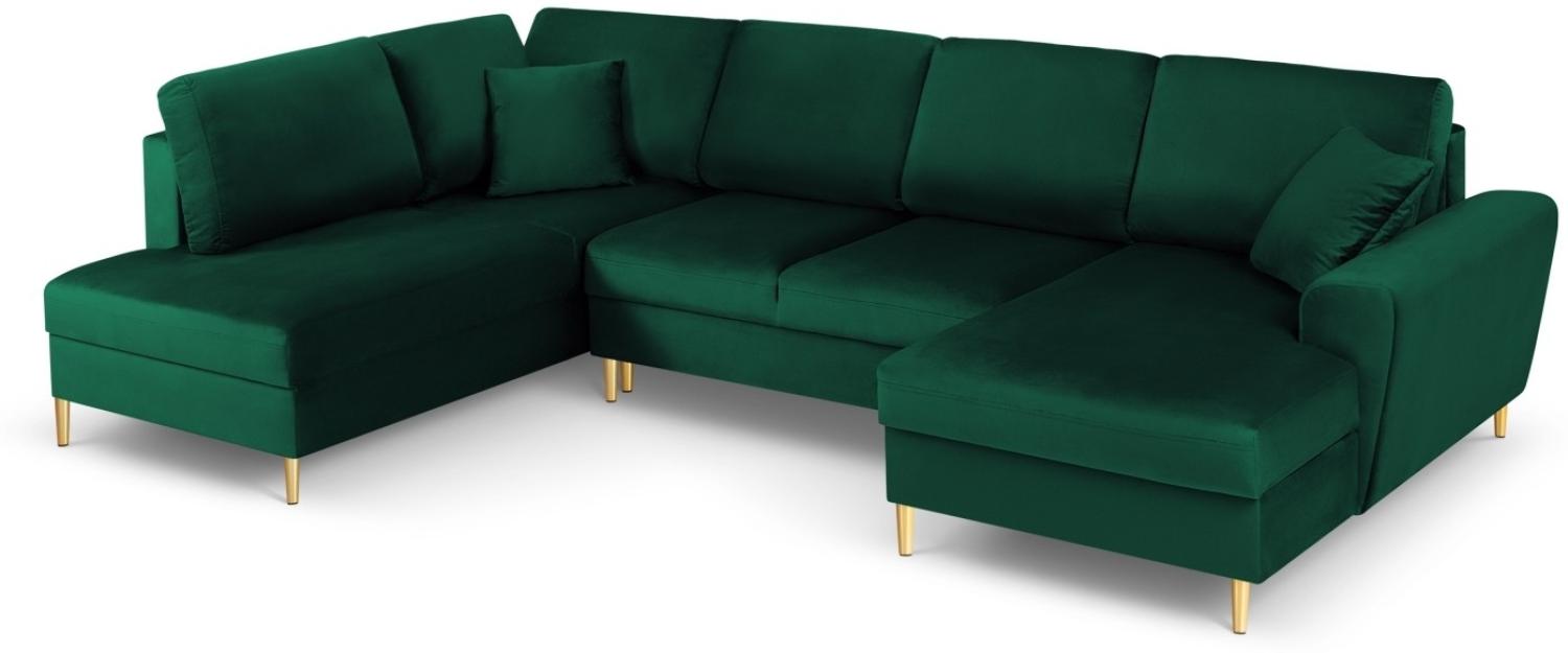 Micadoni 7-Sitzer Samtstoff Panorama Sofa Links mit Box und Schlaffunktion Moghan | Bezug Bottle Green | Beinfarbe Gold. Bild 1