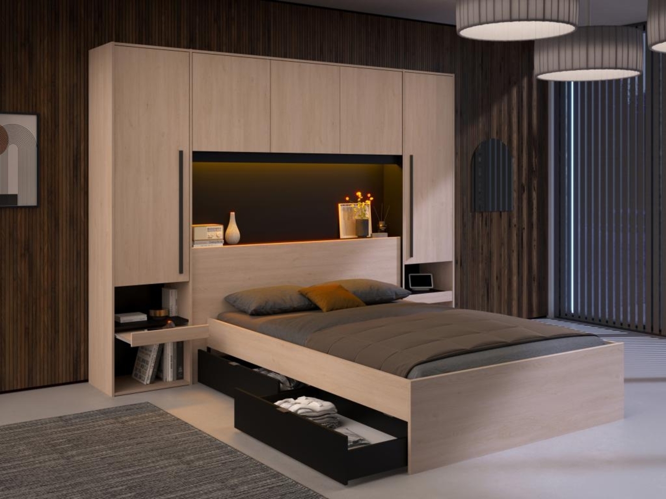 Vente-unique - Bett mit Stauraum & LEDs - 140 x 190 cm - Naturfarben & Schwarz - VELONA Bild 1